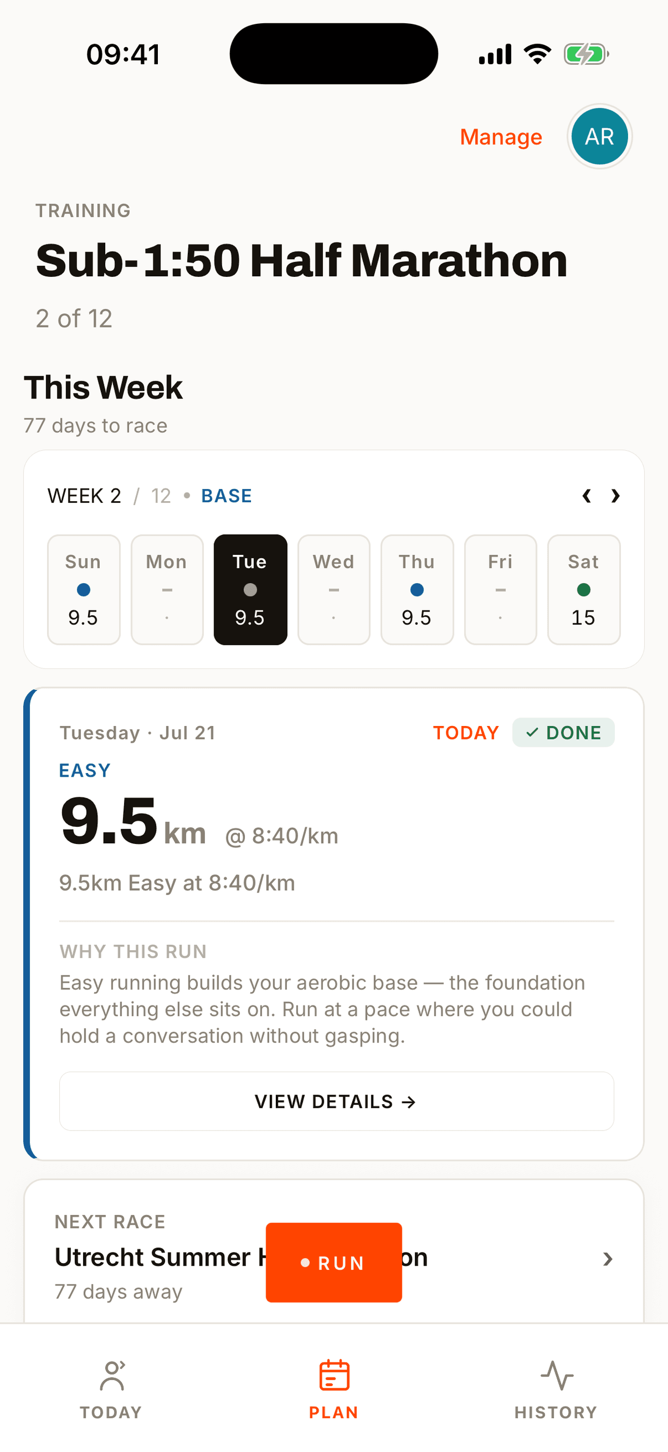 Runapt weekly training plan with paced workouts