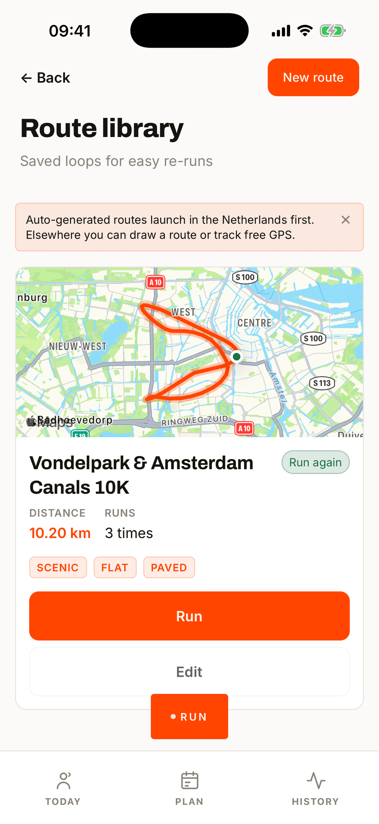 Runapt route generation screen showing an interactive map of the calculated running loop