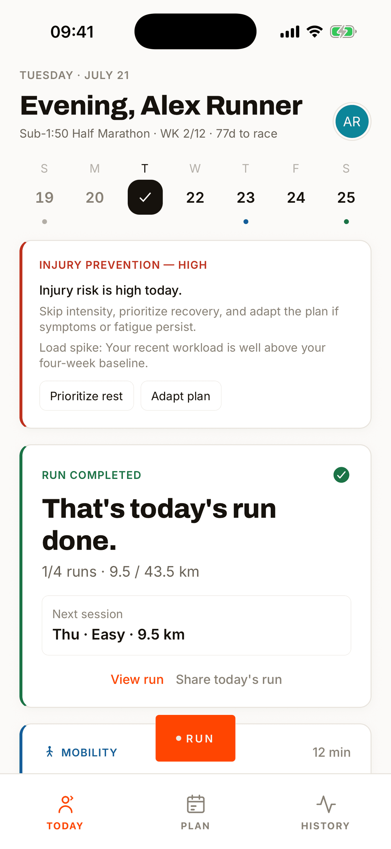 Runapt home screen showing today’s run, readiness, and fitness metrics