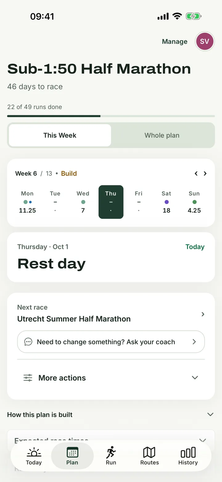 A training week in the Runapt app